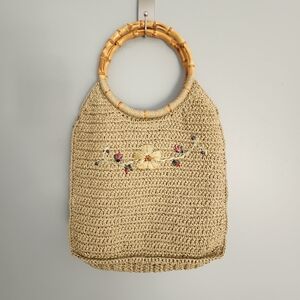 Tan Boho Straw Handbag Purse Embroidered With Flowers and Round Bamboo Handles